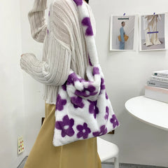 Flower Print Plush Shoulder Tote, Large Capacity Handbag