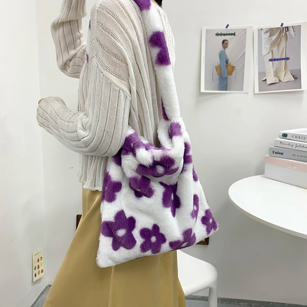 Women Flower Print Plush Shoulder Bag Large Tote Handbags
