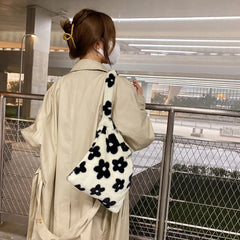 Women Flower Print Plush Shoulder Bag Large Tote Handbags