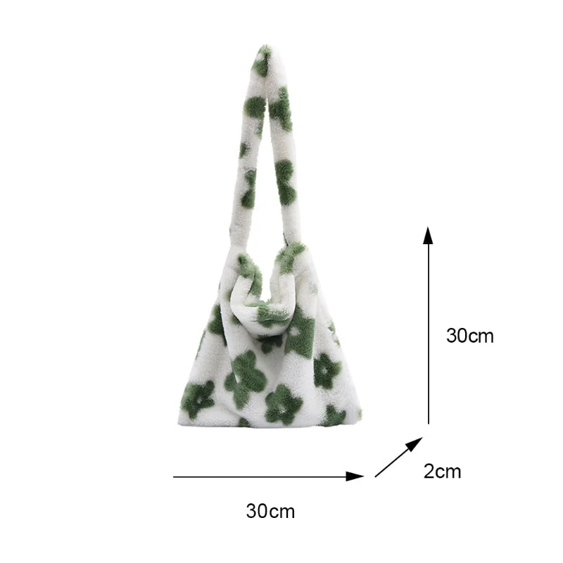 Flower Print Plush Shoulder Tote, Large Capacity Handbag