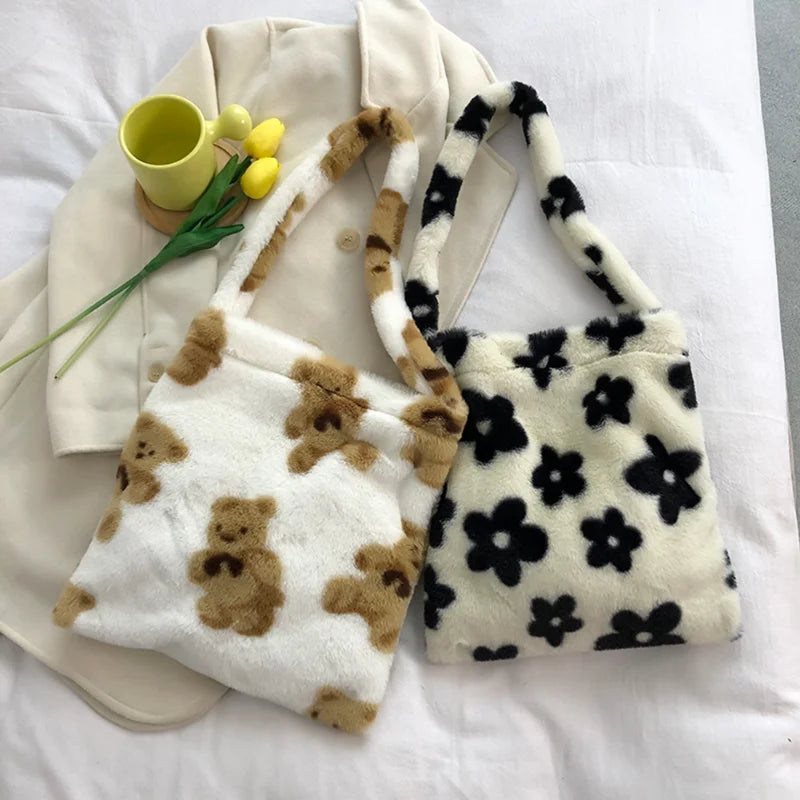 Flower Print Plush Shoulder Tote, Large Capacity Handbag