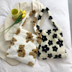 Flower Print Plush Shoulder Tote, Large Capacity Handbag