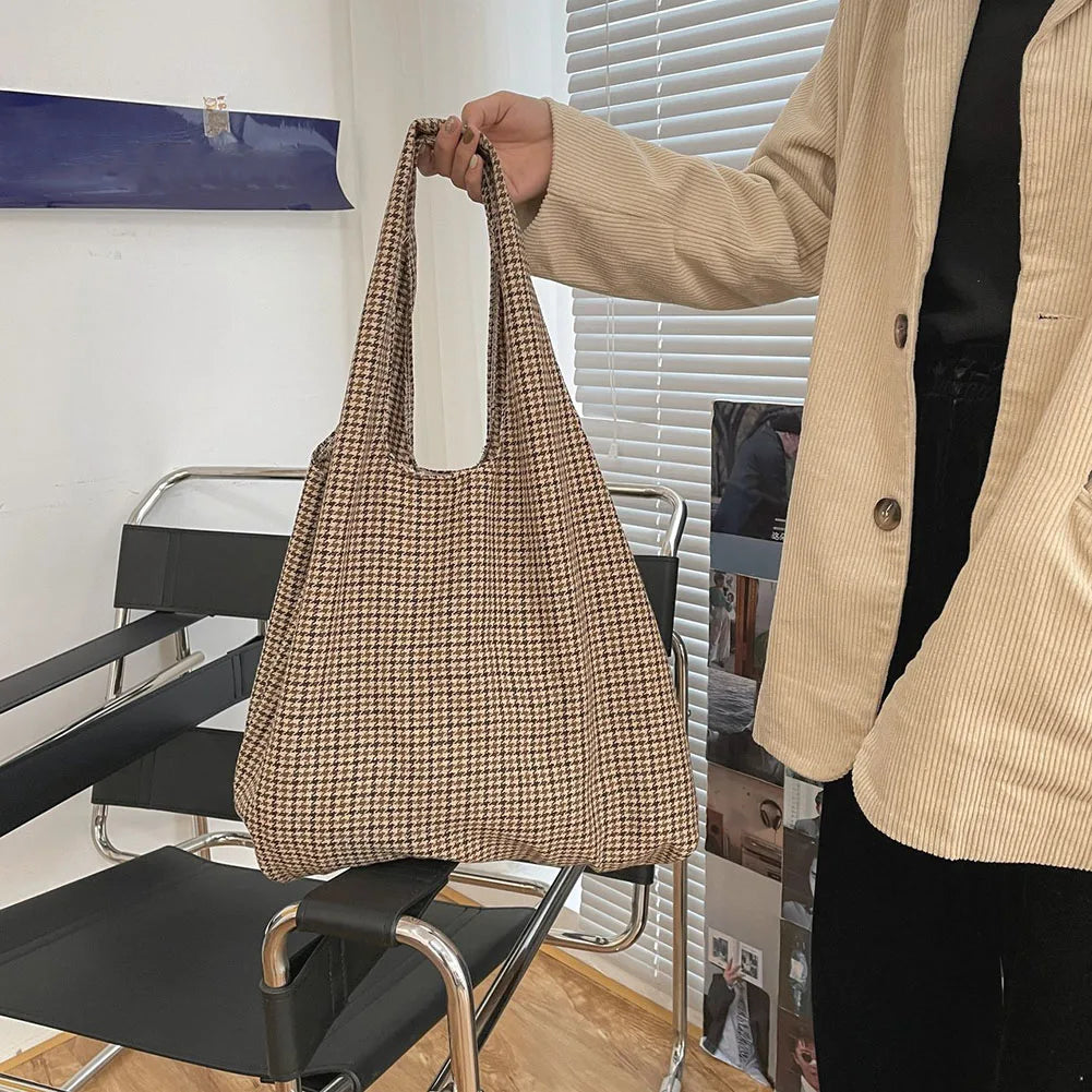Canvas Plaid Shoulder Bag Large Capacity Shopping Underarm Bags