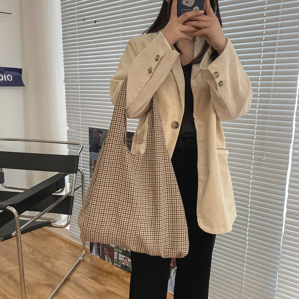 Canvas Plaid Shoulder Bag Large Capacity Shopping Underarm Bags