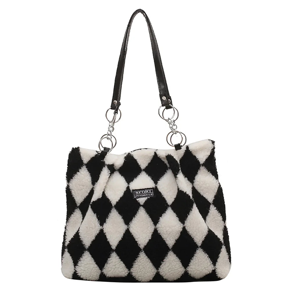 Checkerboard Print Plush Shoulder Bag for Women