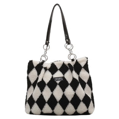 Checkerboard Print Plush Shoulder Bag for Women