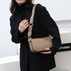 Women Shoulder Bag Crocodile Embossed Leather Wide Strap Crossbody Bags