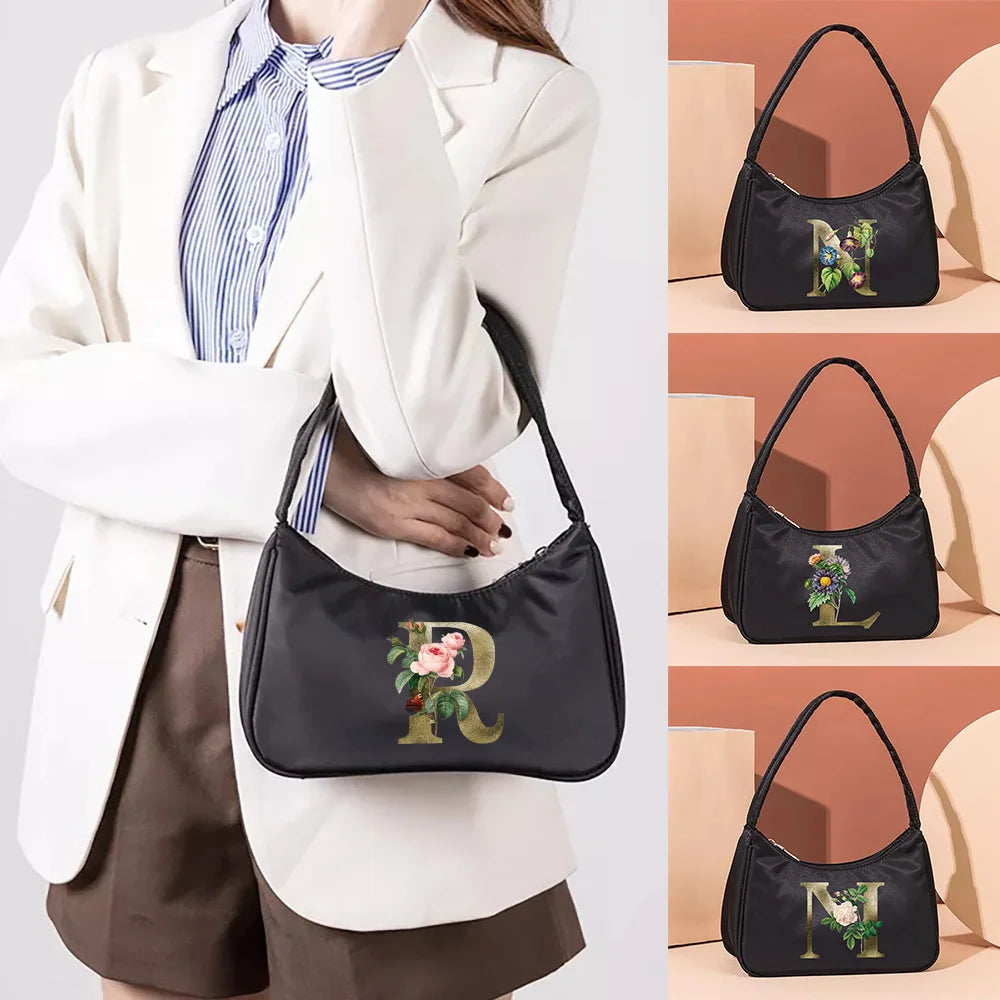 Retro Women Shoulder Bag with Golden Flower Print