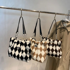 Checkerboard Printed Winter Shoulder Bag Plush Handbag