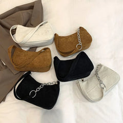 Corduroy Shoulder Bag Chain Handbag Retro Style Solid Color Underarm Bag