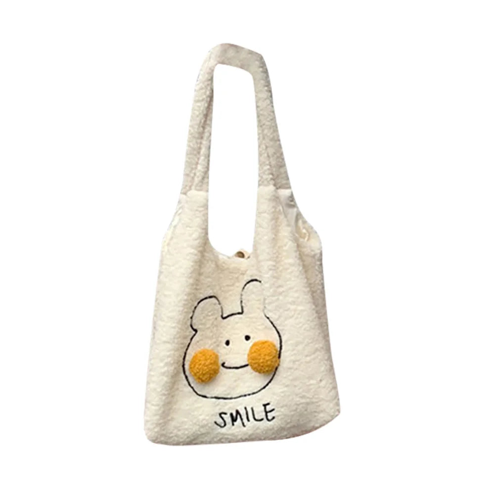 Winter Plush Underarm Bag with Cartoon Pompom Bear/Rabbit Shoulder