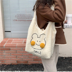 Winter Plush Underarm Bag with Cartoon Pompom Bear/Rabbit Shoulder