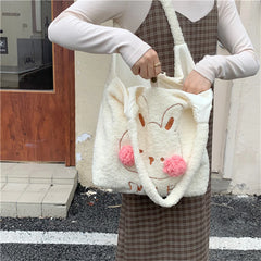 Winter Plush Underarm Bag with Cartoon Pompom Bear/Rabbit Shoulder