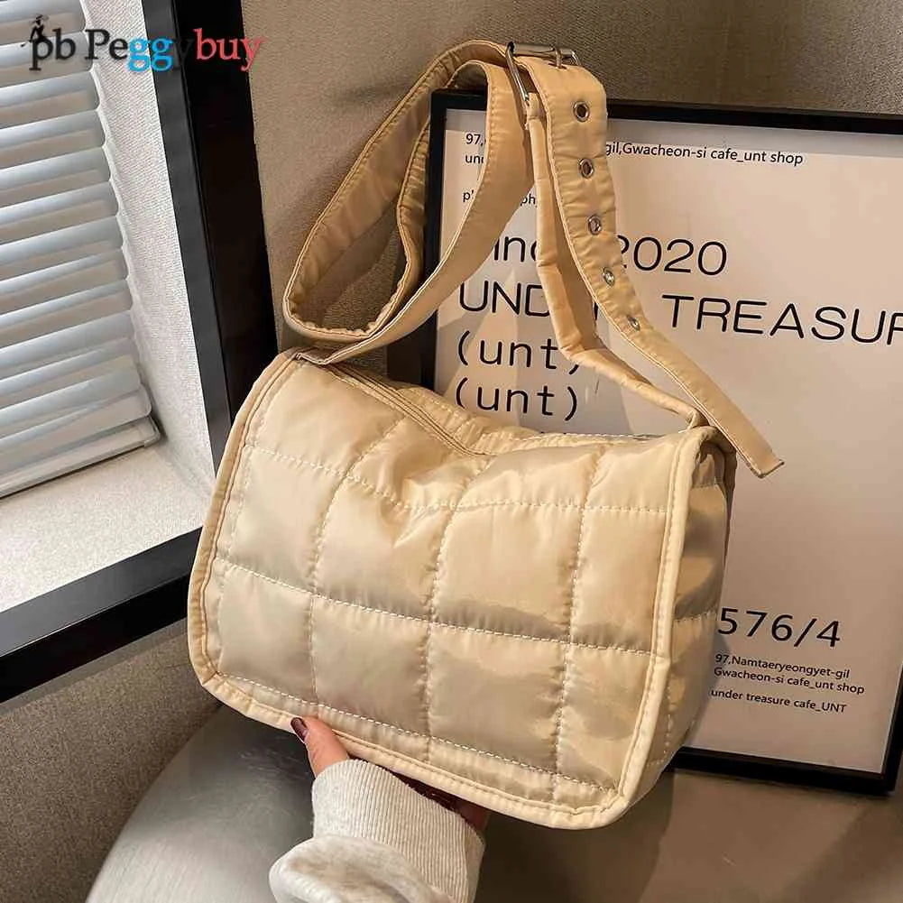 Quilted Cotton Padded Crossbody Bag Wide Strap Messenger Handbag