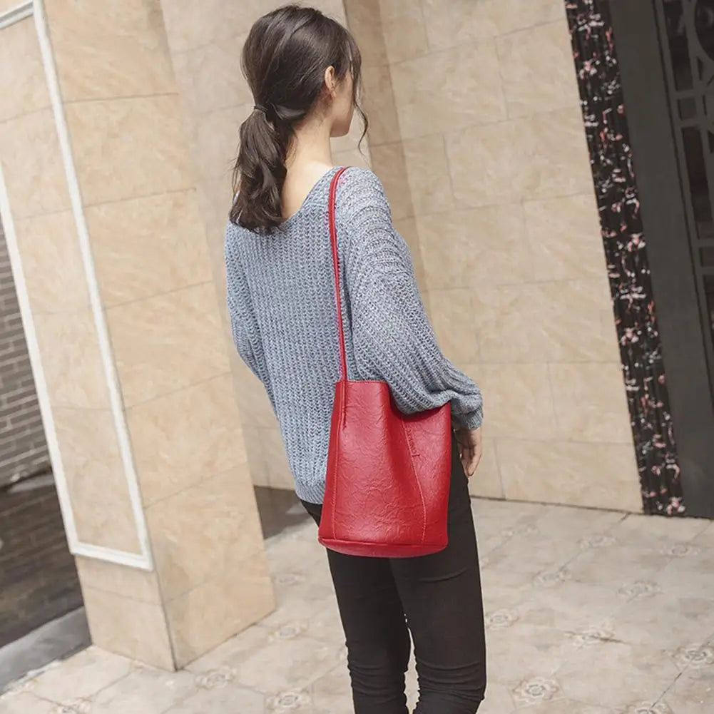 Vintage Bucket Totes Shoulder Crossbody Bag PU Leather for Women