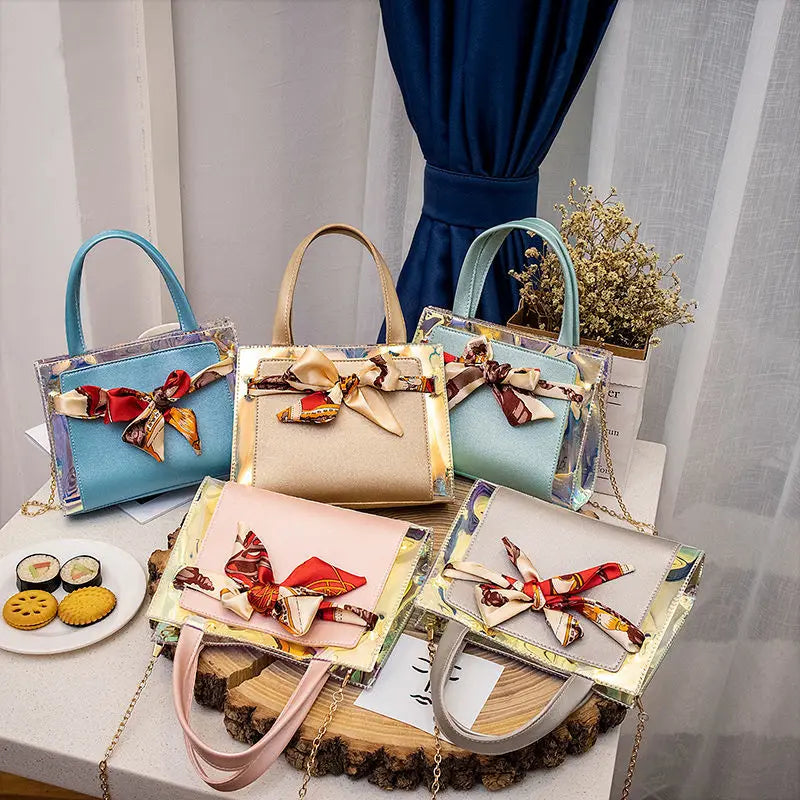 Women Silk Scarf Shoulder Bag Chain Strap Messenger Handbag Tote
