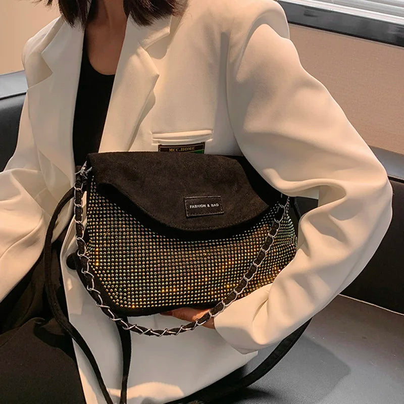 Silver Rhinestone Shoulder Bag Suede Crossbody Handbag