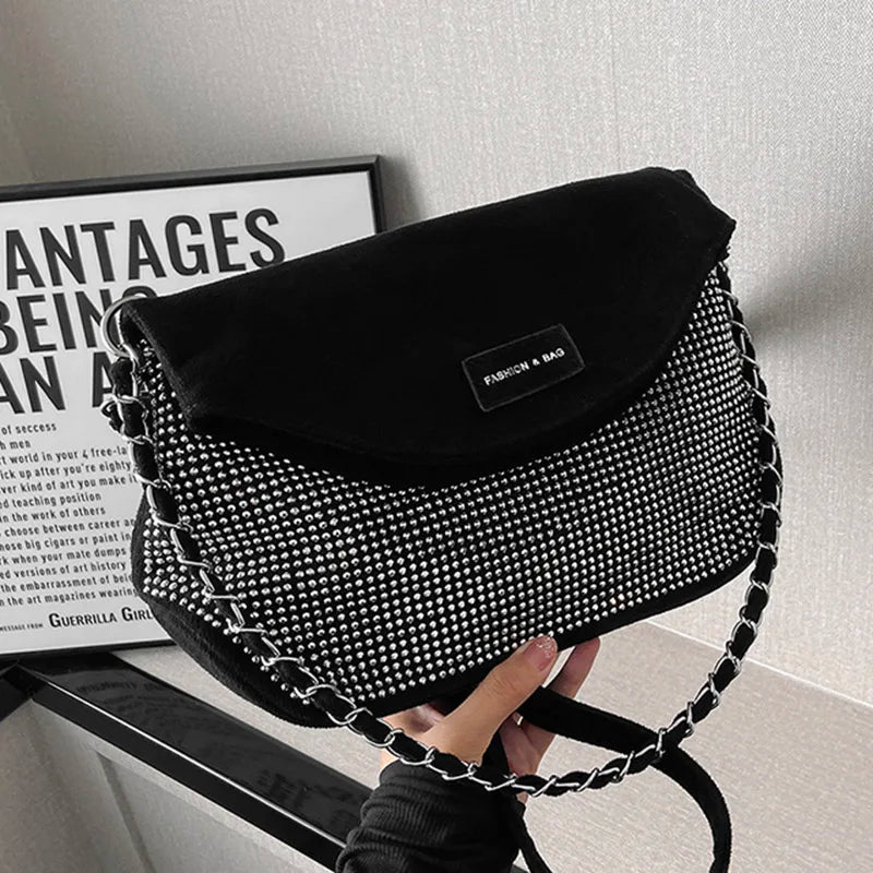 Silver Rhinestone Shoulder Bag Suede Crossbody Handbag