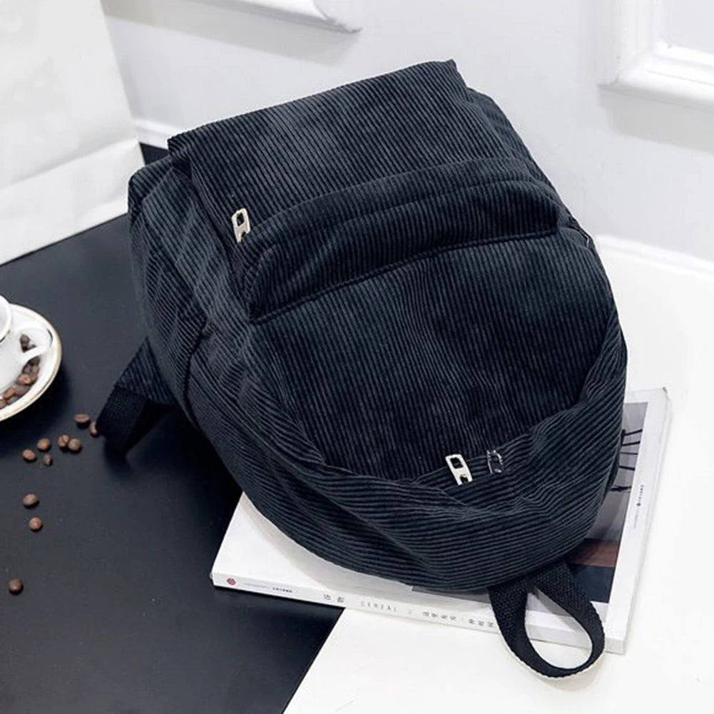 Solid Corduroy Knapsack Zipper Shoulder Backpack