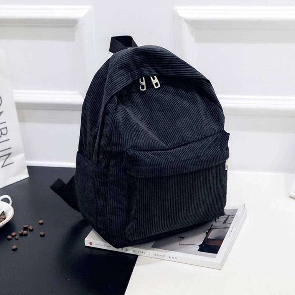 Solid Corduroy Knapsack Zipper Shoulder Backpack