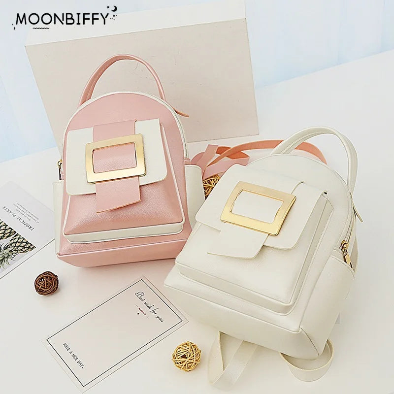 Women Solid Leather Blocking Backpack Shoulder Bag Small Backpacks for Girls