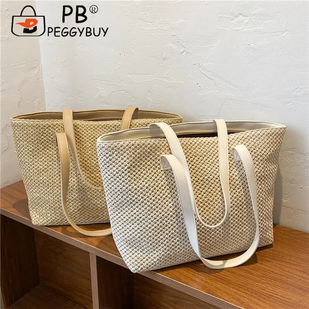 Straw Woven Leather Shoulder Tote Bag - Large Capacity Handbag