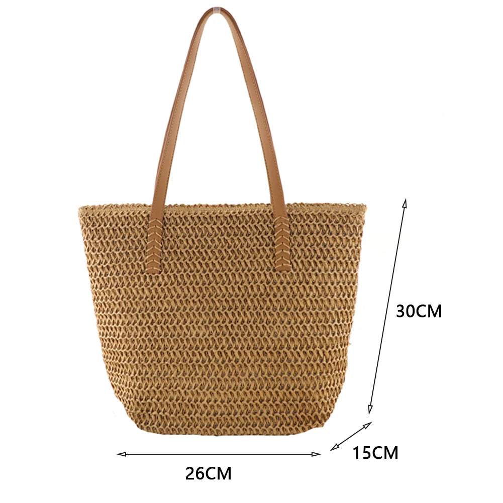 Women Summer Hand-woven Tote Bags Solid Travel Handbags Ladies Sea Beach