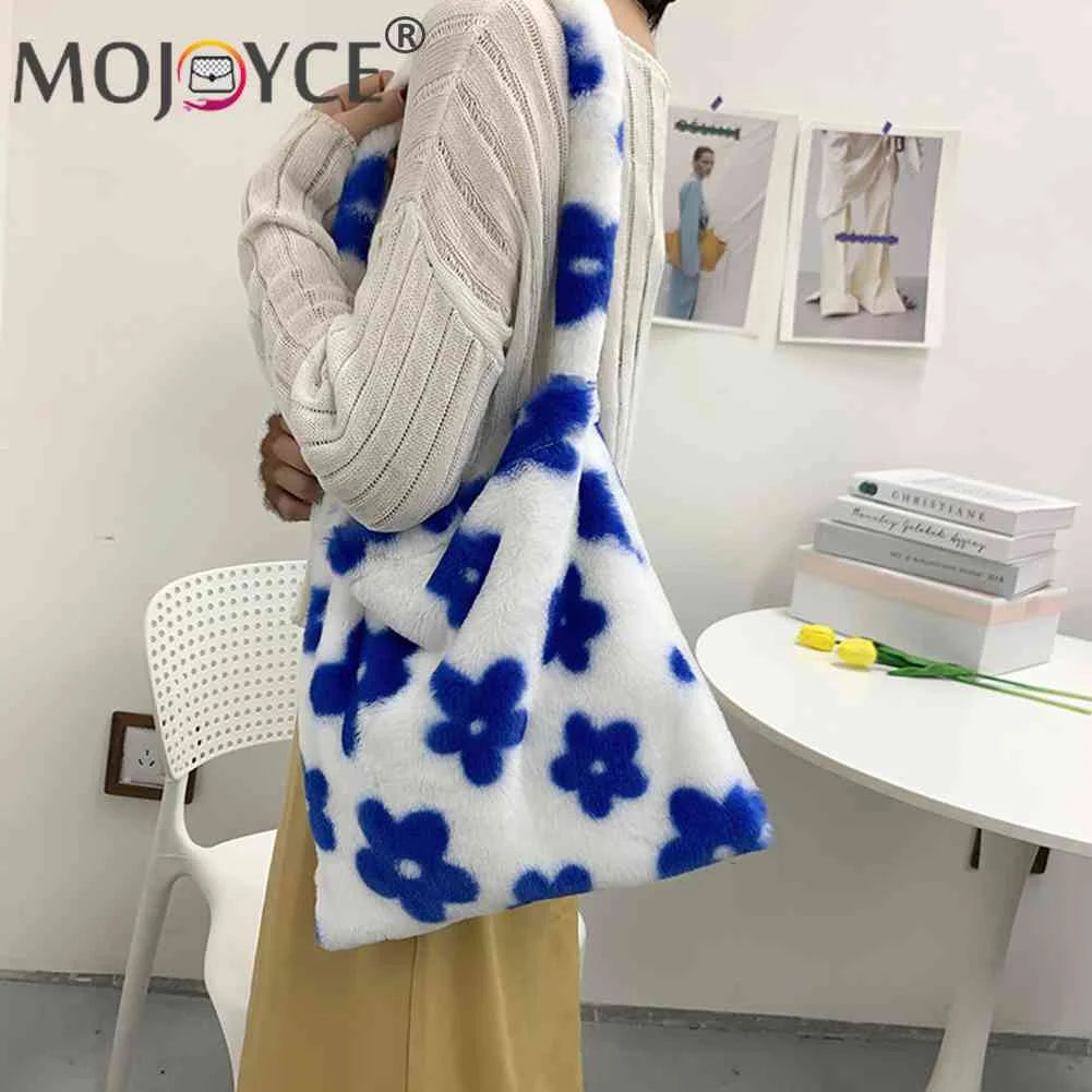 Plush Flower Print Top-handle Bag for Autumn Winter