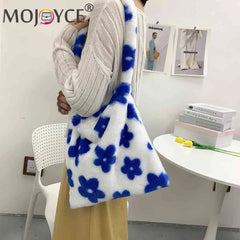 Plush Flower Print Top-handle Bag for Autumn Winter