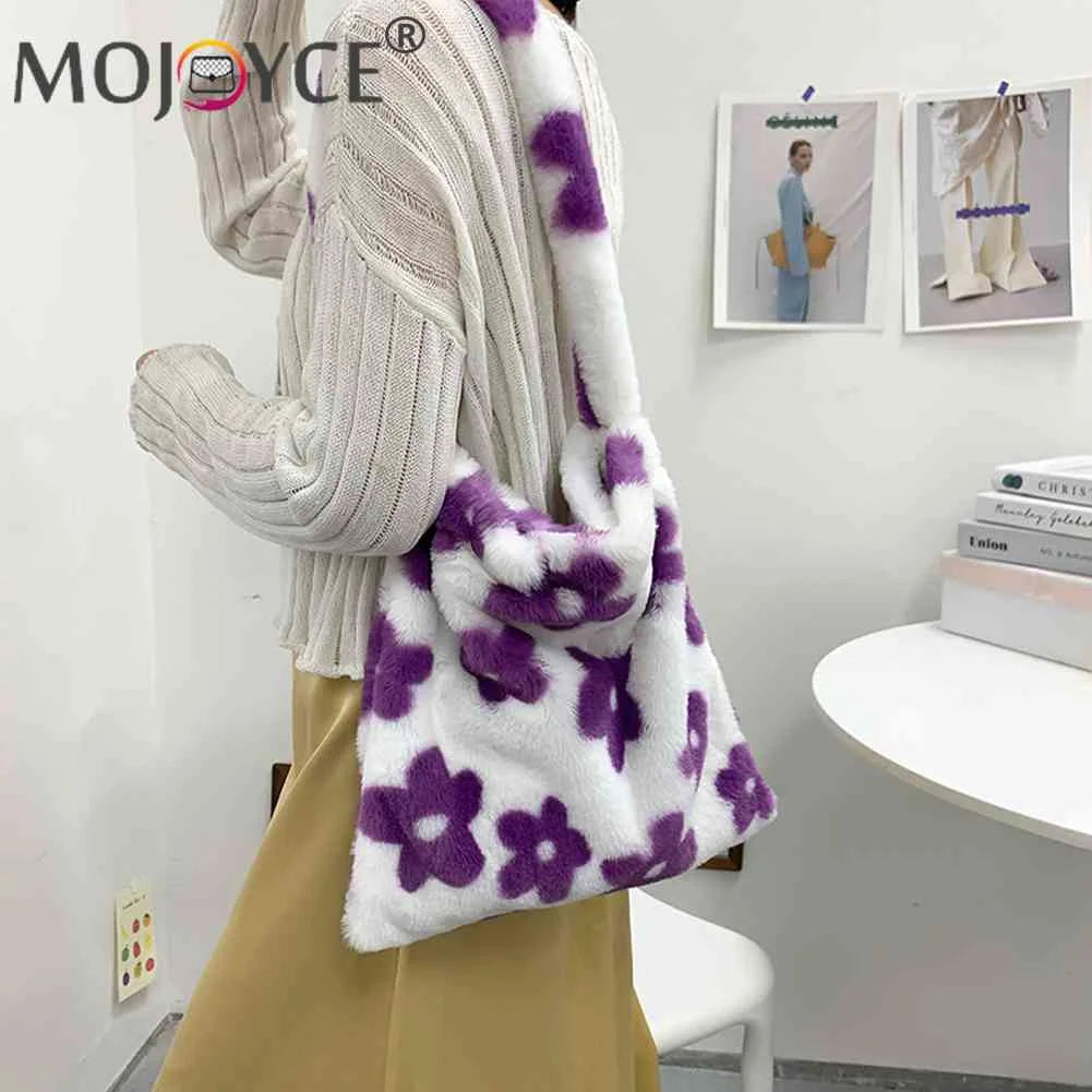 Plush Flower Print Top-handle Bag for Autumn Winter
