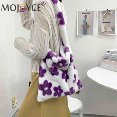 Plush Flower Print Top-handle Bag for Autumn Winter