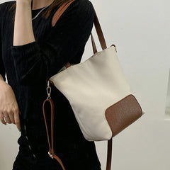 Women Tote Handbag PU Leather Patchwork Bucket Shoulder Bag High Capacity