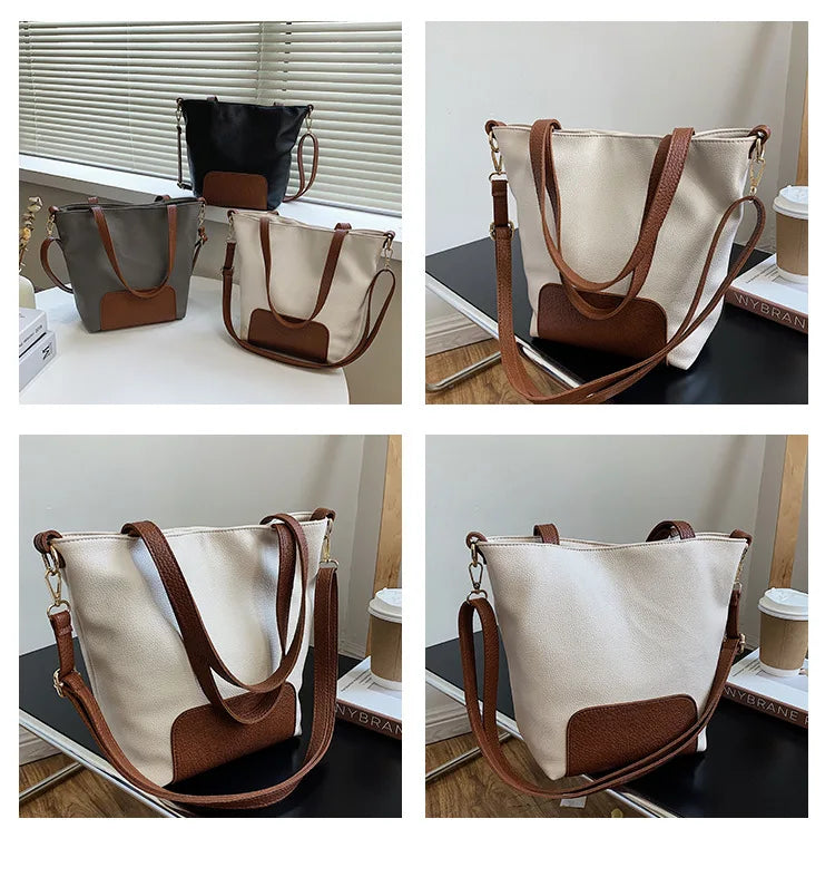 Women Tote Handbag PU Leather Patchwork Bucket Shoulder Bag High Capacity