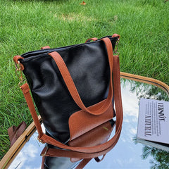 Women Tote Handbag PU Leather Patchwork Bucket Shoulder Bag High Capacity