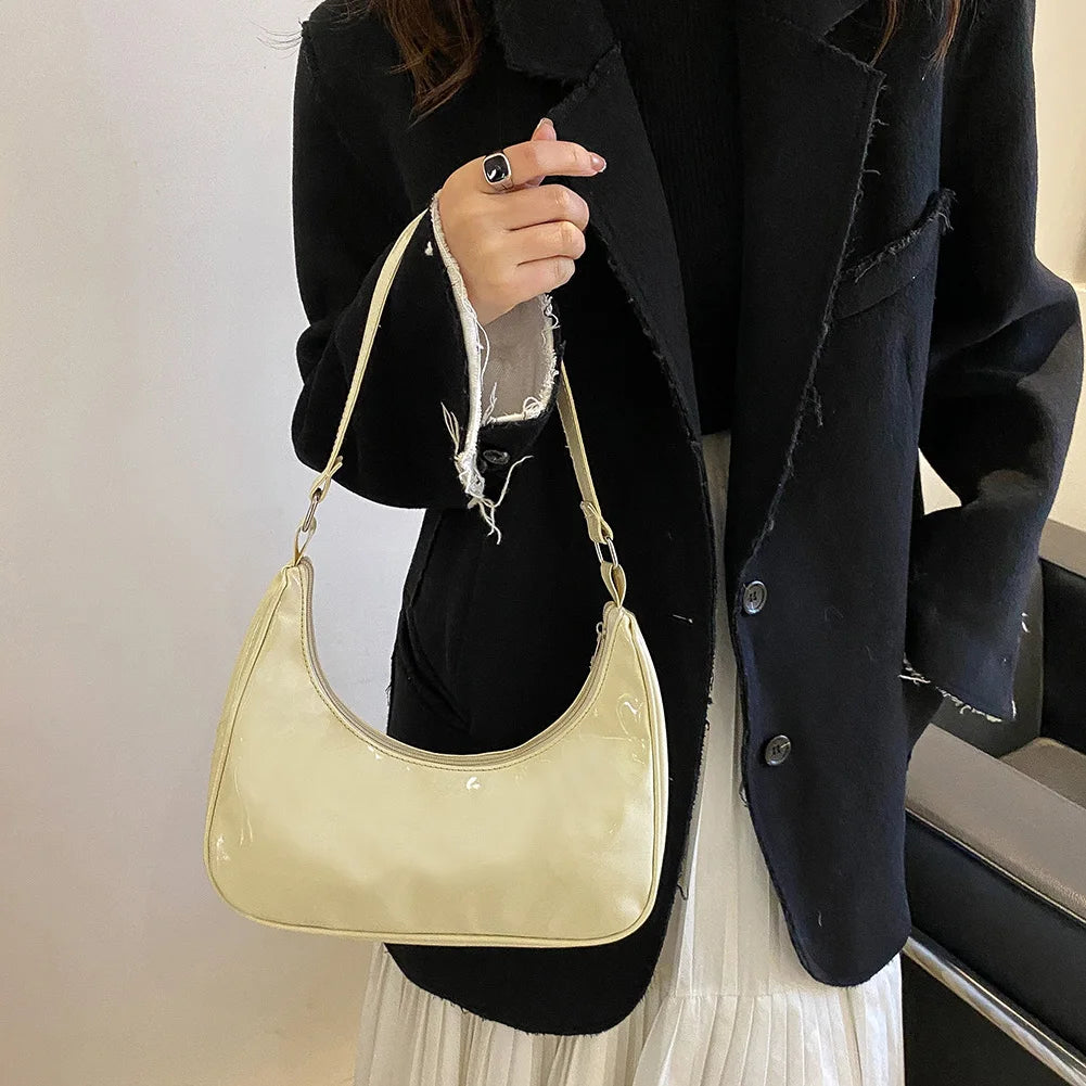 Women Underarm Bags Solid Bright PU Leather Hand Bag Female Half Moon Shoulder B