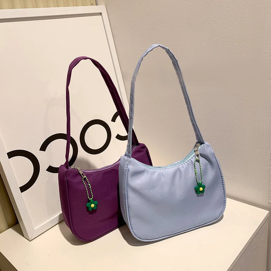 Solid Nylon Underarm Bag with Flower Pendant
