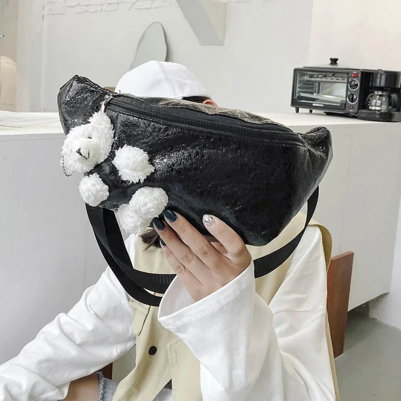 Women Waist Bags Chest Bag PU Solid Phone Pouch Cartoon Pendant Crossbody Bag