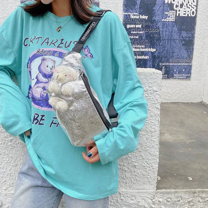 Women Waist Bags Chest Bag PU Solid Phone Pouch Cartoon Pendant Crossbody Bag