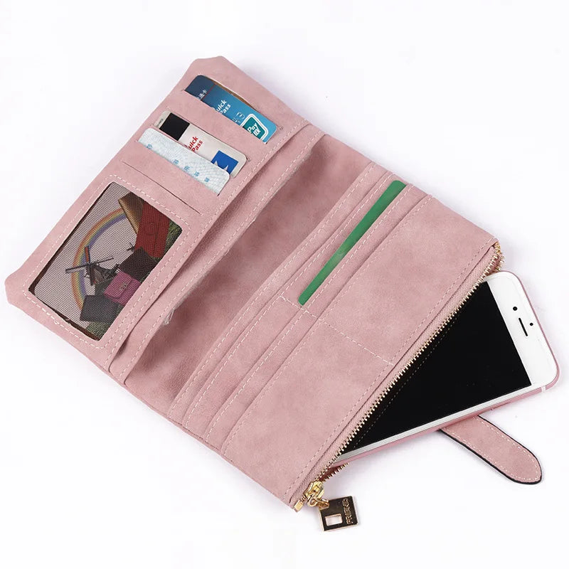 Nubuck Leather Zipper Wallet Women's Long Purse Clutch Phone Pocket