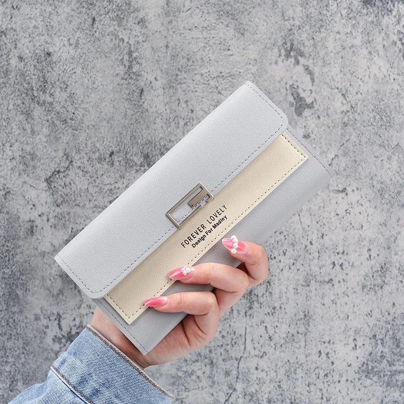 Gray Red Long Zipper Clutch Wallet Soft PU Leather Money Bag