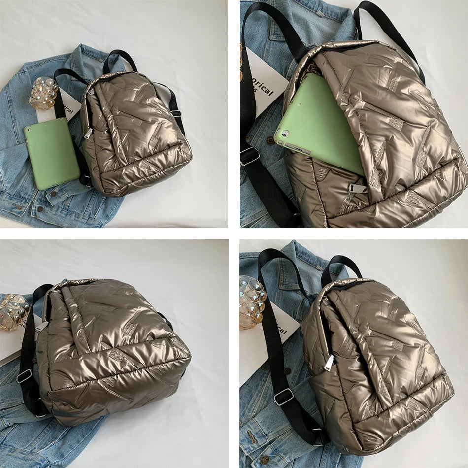 Women's Soft Down Fabric Backpack School Quilted Padded Bag