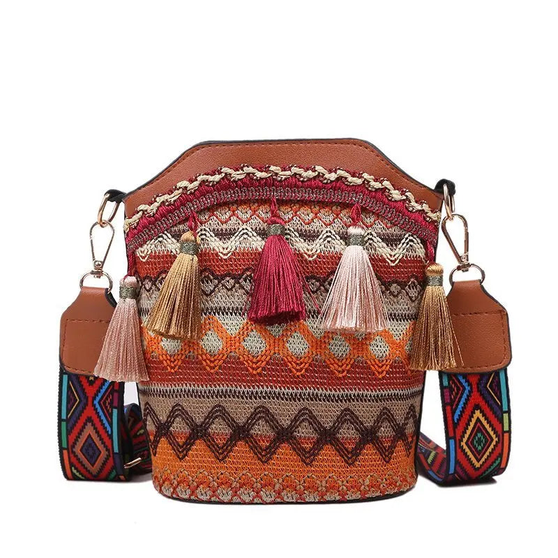 Ethnic Style Tassel Bucket Bag Knitting Women