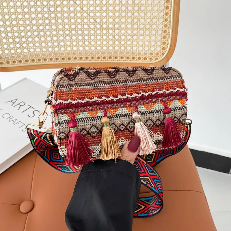Ethnic Style One-shoulder Messenger Bag Tassel Woven Square Bag Women