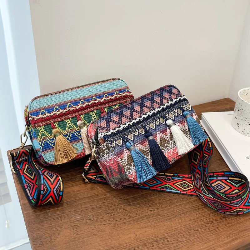 Ethnic Style One-shoulder Messenger Bag Tassel Woven Square Bag Women