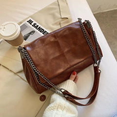 Winter PU Leather Lady Shopping Shoulder Handbag with Chain Decor