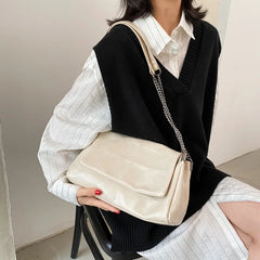Winter PU Leather Lady Shopping Shoulder Handbag with Chain Decor