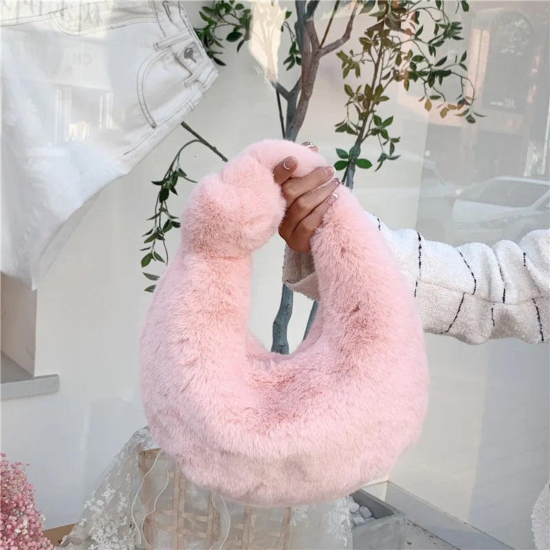 Women's Faux Fur Crossbody Hobo Handbag Plush Chain Shoulder Bag