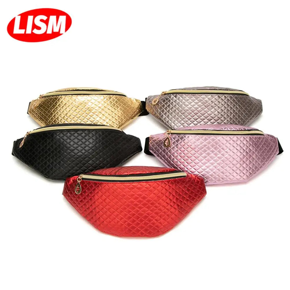 Women's Embossed Rhombus Waist Bag One-Shoulder Phone Bag Red Silver