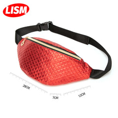 Women's Embossed Rhombus Waist Bag One-Shoulder Phone Bag Red Silver
