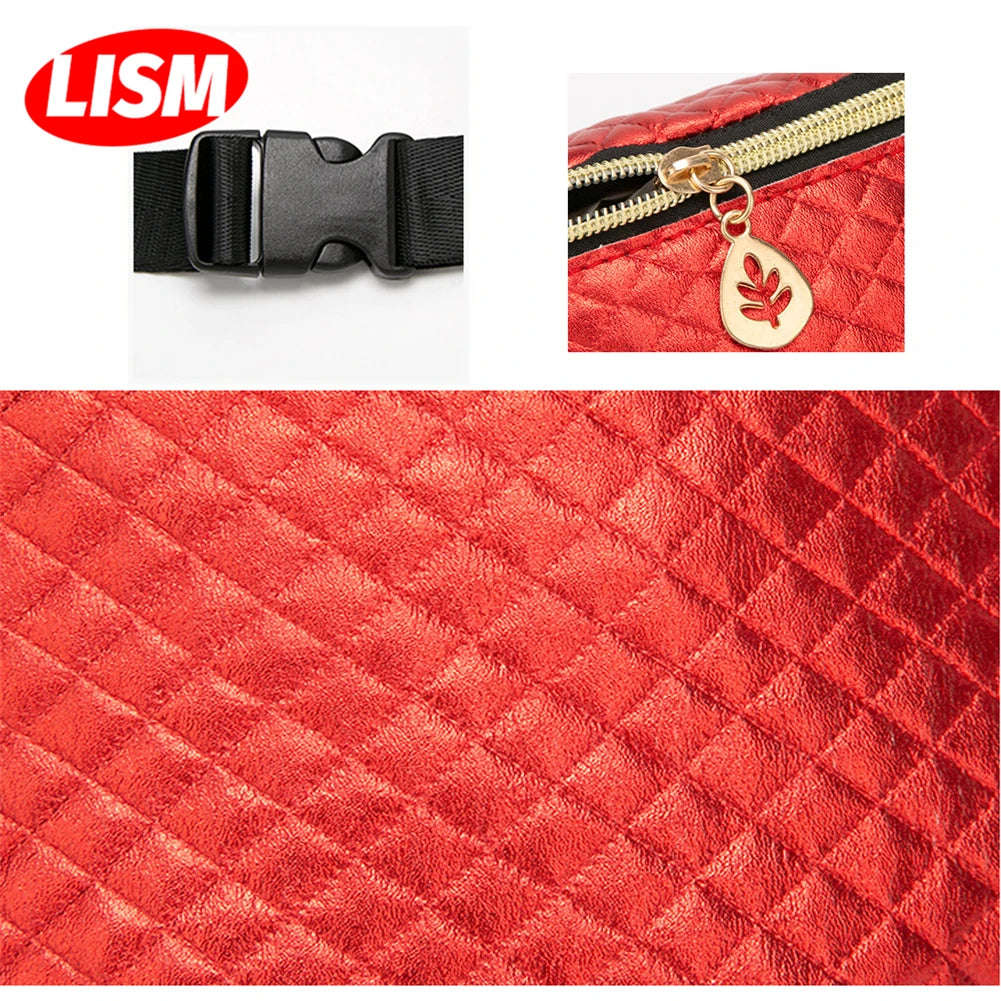 Women's Embossed Rhombus Waist Bag One-Shoulder Phone Bag Red Silver